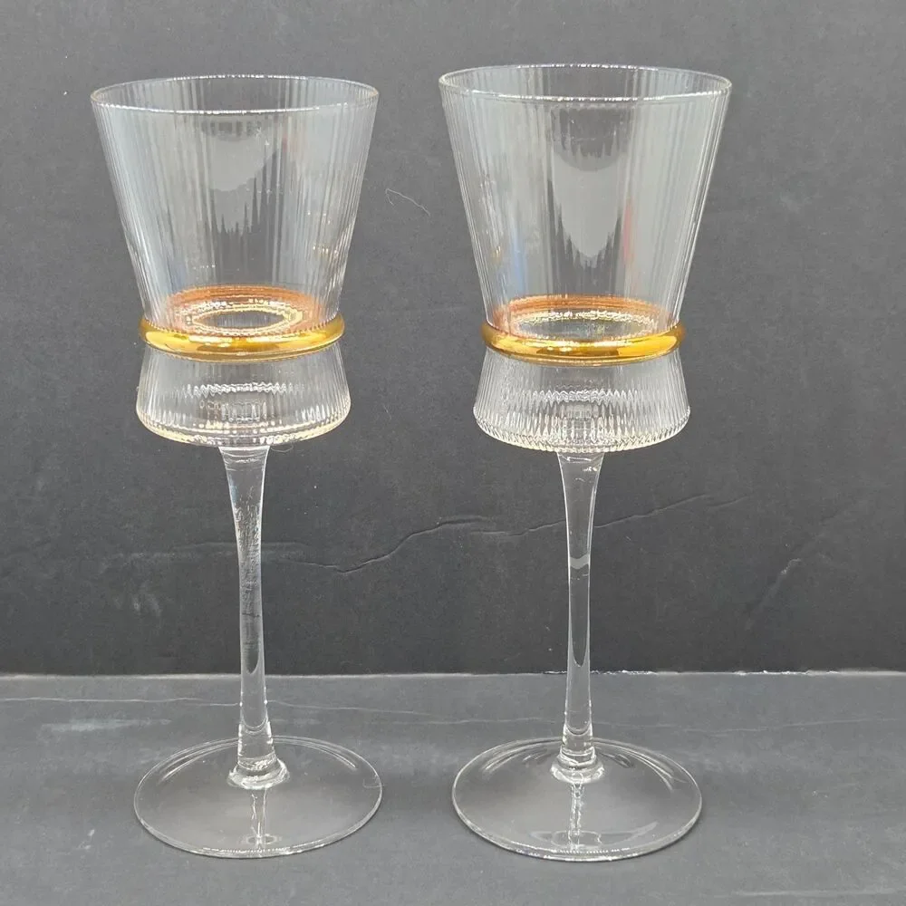Ribbed Wine Glasses Set Of 2 With Gold Ring 9 1/4